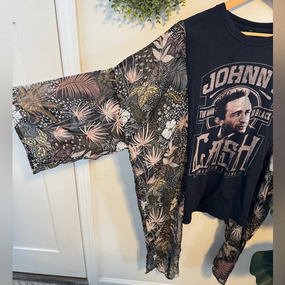 Custom Johnny Cash Graphic Tee with Floral Kimono Batwing Sleeves - Picture 2 of 4